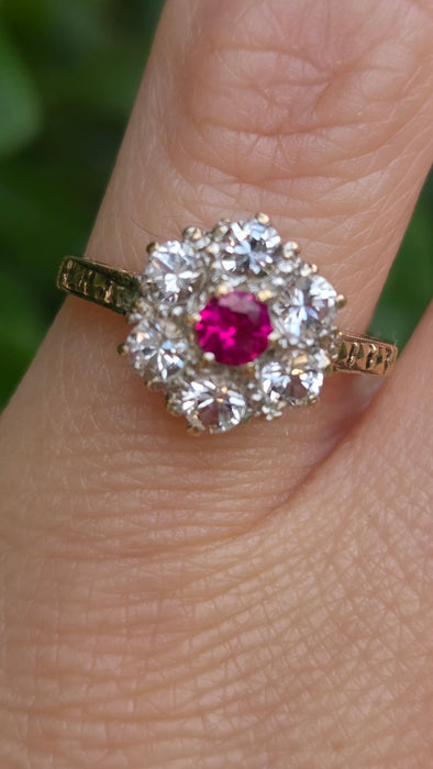 Vintage: 9ct Gold Ruby & White Spinel Floral Cluster Ring