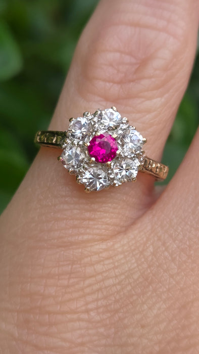 Vintage: 9ct Gold Ruby & White Spinel Floral Cluster Ring