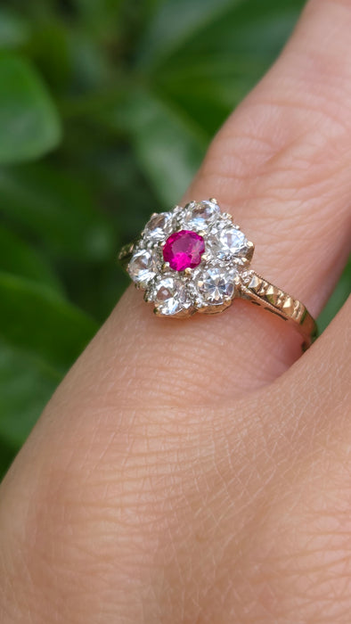 Vintage: 9ct Gold Ruby & White Spinel Floral Cluster Ring
