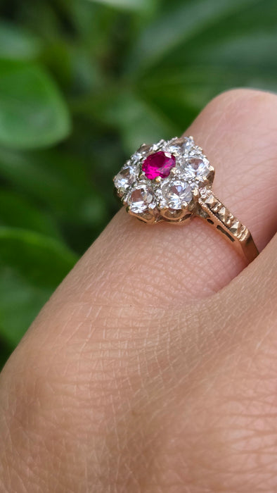 Vintage: 9ct Gold Ruby & White Spinel Floral Cluster Ring