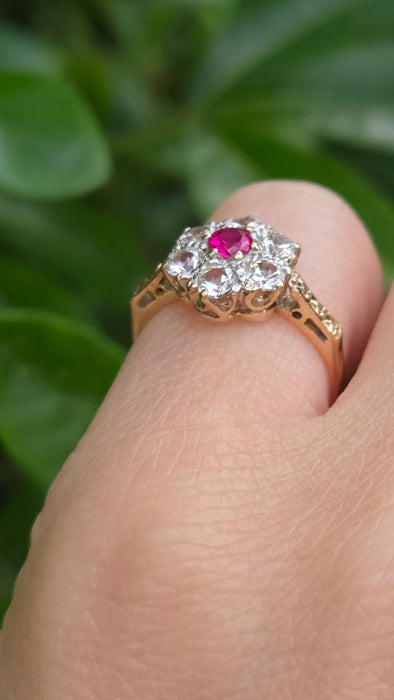 Vintage: 9ct Gold Ruby & White Spinel Floral Cluster Ring