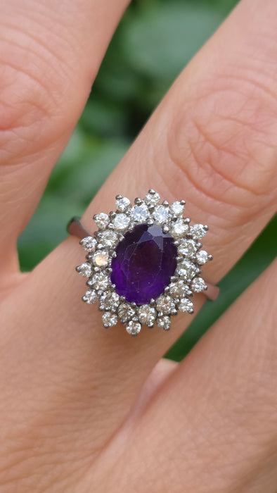 Vintage: 18ct White Gold Amethyst & Diamond Double Halo Dress Ring — 1.00ct