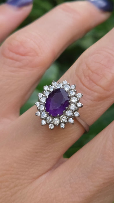 Vintage: 18ct White Gold Amethyst & Diamond Double Halo Dress Ring — 1.00ct