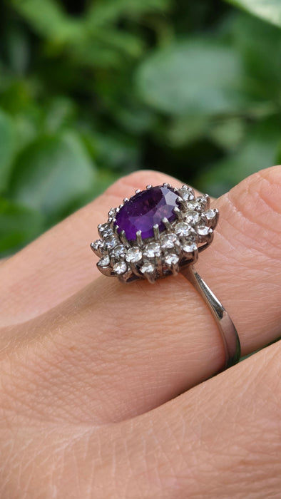 Vintage: 18ct White Gold Amethyst & Diamond Double Halo Dress Ring — 1.00ct