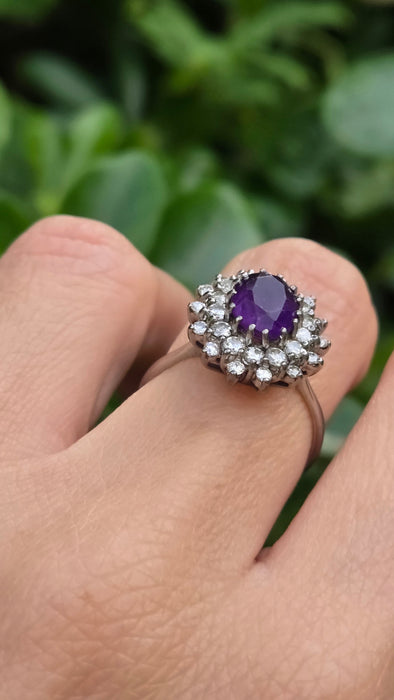 Vintage: 18ct White Gold Amethyst & Diamond Double Halo Dress Ring — 1.00ct