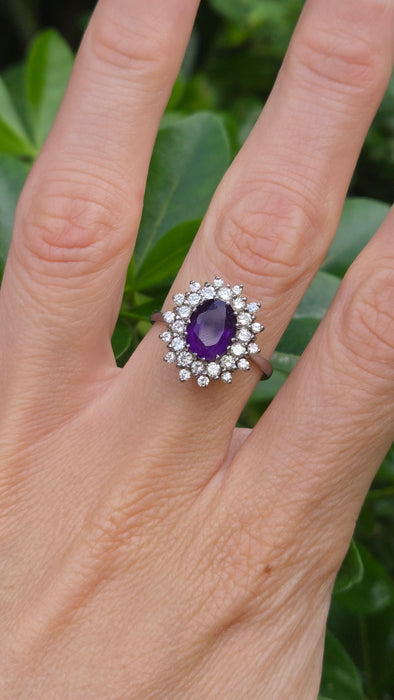 Vintage: 18ct White Gold Amethyst & Diamond Double Halo Dress Ring — 1.00ct