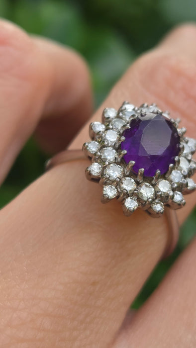 Vintage: 18ct White Gold Amethyst & Diamond Double Halo Dress Ring — 1.00ct