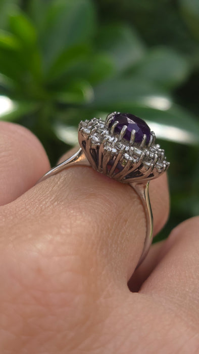 Vintage: 18ct White Gold Amethyst & Diamond Double Halo Dress Ring — 1.00ct