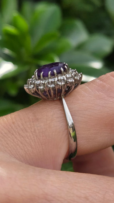 Vintage: 18ct White Gold Amethyst & Diamond Double Halo Dress Ring — 1.00ct