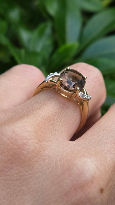 Vintage: 9ct Yellow Gold Smoky Quartz & Diamond Ring