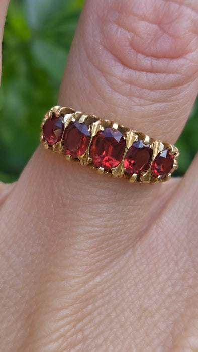 Vintage: 18ct Yellow Gold Almandine Garnet Five-Stone Half-Eternity Ring — From 1968