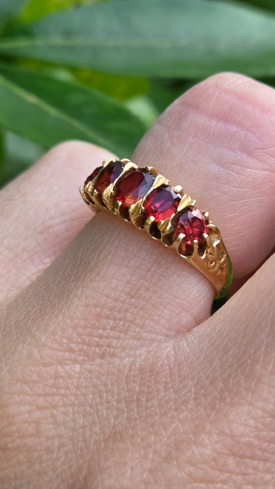 Vintage: 18ct Yellow Gold Almandine Garnet Five-Stone Half-Eternity Ring — From 1968