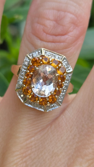 Vintage: 9ct Yellow Gold Pink Quartz, Citrine & Diamond Dress Ring
