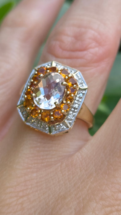 Vintage: 9ct Yellow Gold Pink Quartz, Citrine & Diamond Dress Ring