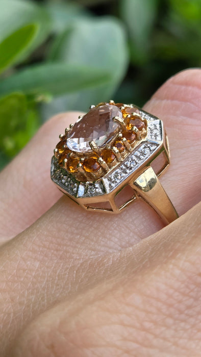 Vintage: 9ct Yellow Gold Pink Quartz, Citrine & Diamond Dress Ring