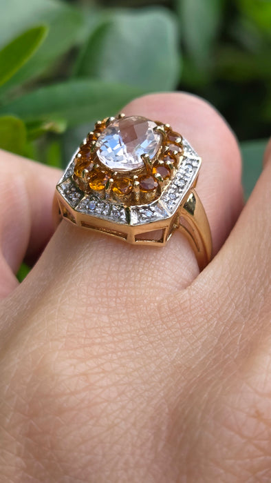 Vintage: 9ct Yellow Gold Pink Quartz, Citrine & Diamond Dress Ring