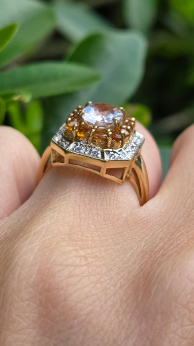 Vintage: 9ct Yellow Gold Pink Quartz, Citrine & Diamond Dress Ring