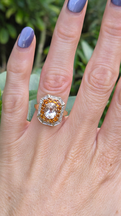 Vintage: 9ct Yellow Gold Pink Quartz, Citrine & Diamond Dress Ring