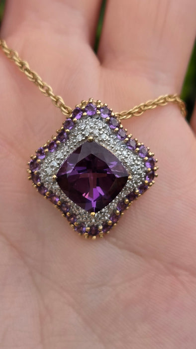 Vintage: 9ct Yellow Gold Amethyst & 48 Diamond Pendant with Chain