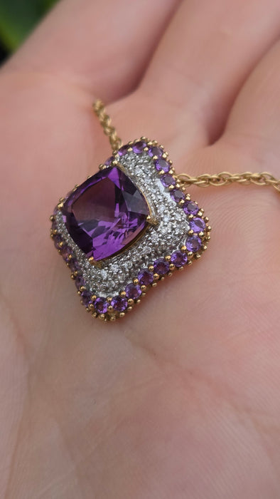 Vintage: 9ct Yellow Gold Amethyst & 48 Diamond Pendant with Chain