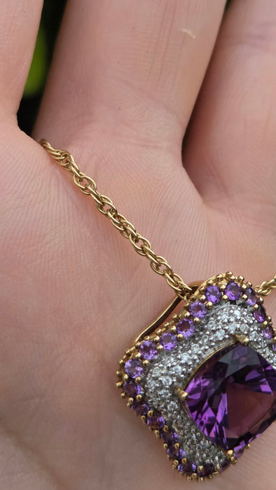 Vintage: 9ct Yellow Gold Amethyst & 48 Diamond Pendant with Chain