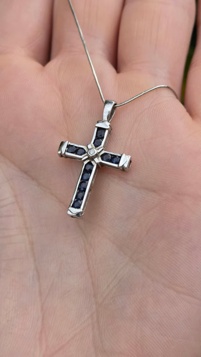 Vintage: 9ct White Gold Sapphire & Diamond Cross Pendant with Snake Chain