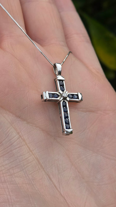 Vintage: 9ct White Gold Sapphire & Diamond Cross Pendant with Snake Chain
