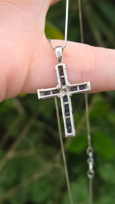 Vintage: 9ct White Gold Sapphire & Diamond Cross Pendant with Snake Chain