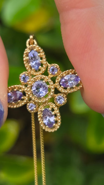 Vintage: 9ct Yellow Gold Tanzanite & Diamond Floral Cross Pendant & Chain