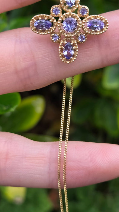 Vintage: 9ct Yellow Gold Tanzanite & Diamond Floral Cross Pendant & Chain