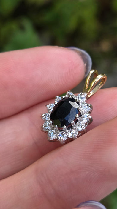 Vintage: 9ct Yellow Gold Sapphire & Simulated Diamond Cluster Pendant — From 1988