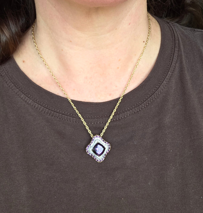 Vintage: 9ct Yellow Gold Amethyst & 48 Diamond Pendant with Chain