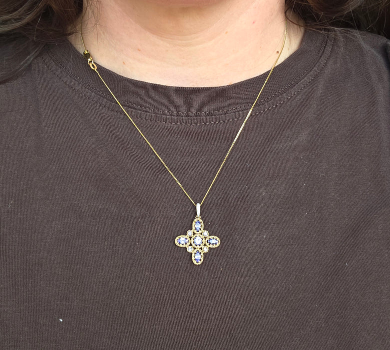 Vintage: 9ct Yellow Gold Tanzanite & Diamond Floral Cross Pendant & Chain