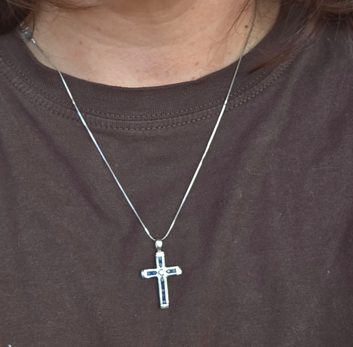 Vintage: 9ct White Gold Sapphire & Diamond Cross Pendant with Snake Chain