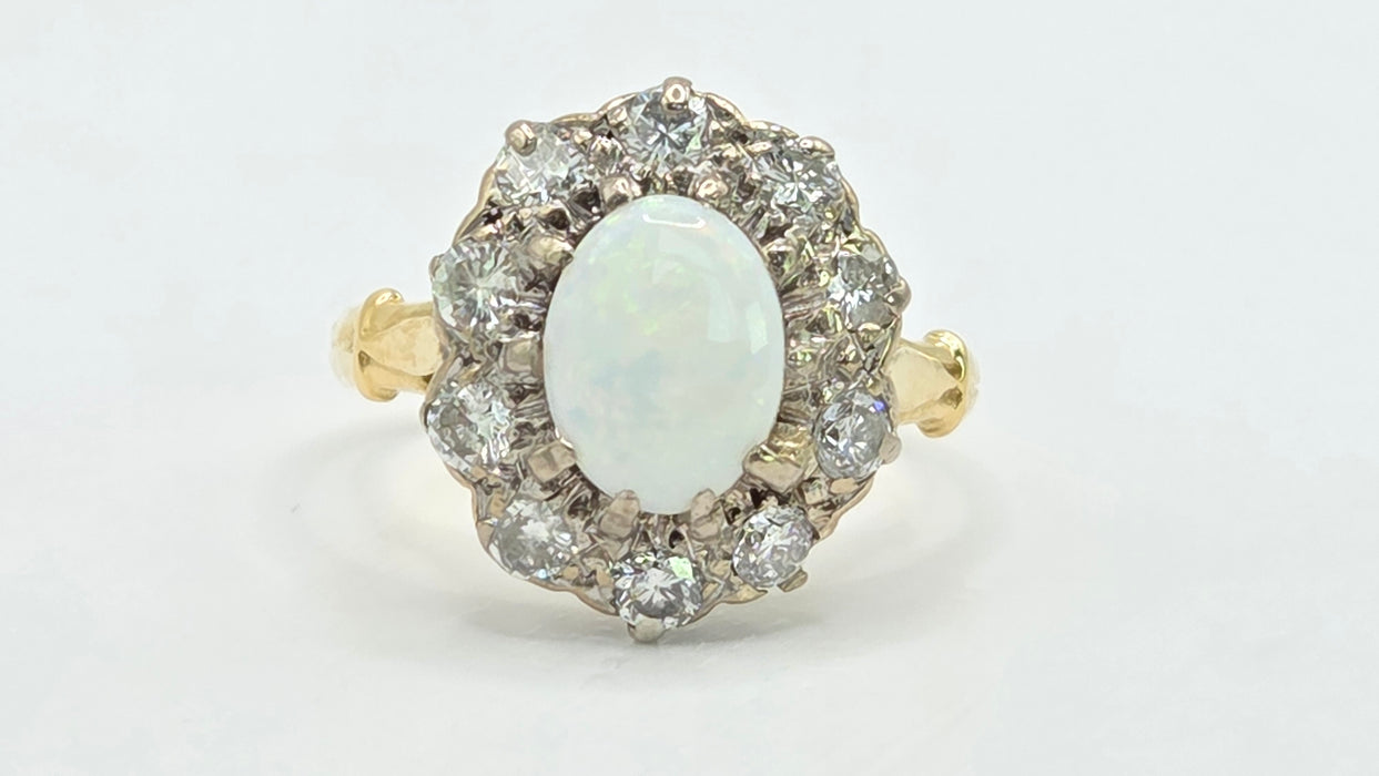 Vintage: 18ct Yellow Gold Opal 1.00ct & Diamond 0.75ct Fleur-de-lys Cluster Ring