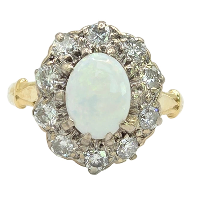 Vintage: 18ct Yellow Gold Opal 1.00ct & Diamond 0.75ct Fleur-de-lys Cluster Ring