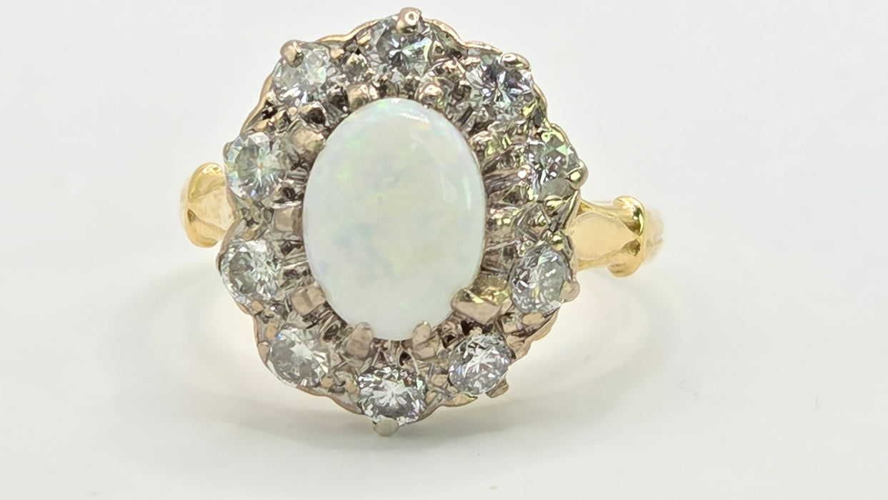 Vintage: 18ct Yellow Gold Opal 1.00ct & Diamond 0.75ct Fleur-de-lys Cluster Ring