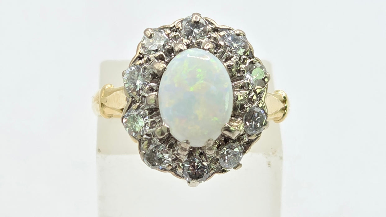 Vintage: 18ct Yellow Gold Opal 1.00ct & Diamond 0.75ct Fleur-de-lys Cluster Ring