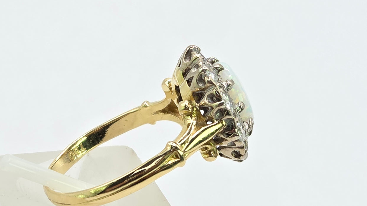 Vintage: 18ct Yellow Gold Opal 1.00ct & Diamond 0.75ct Fleur-de-lys Cluster Ring