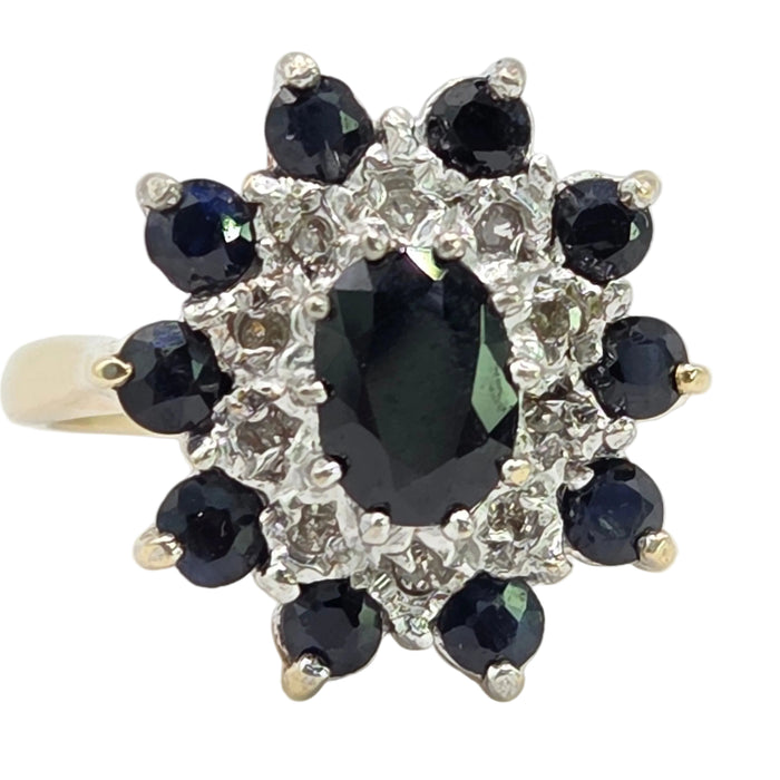 Vintage: 14ct Yellow Gold Sapphire 2.50ct & Diamond 0.20ct Oval Dress Cluster Ring