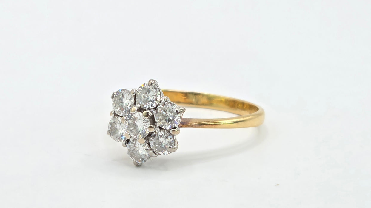 Vintage: 18ct Yellow Gold Diamond 1.45ct Seven Stone Floral Cluster Ring