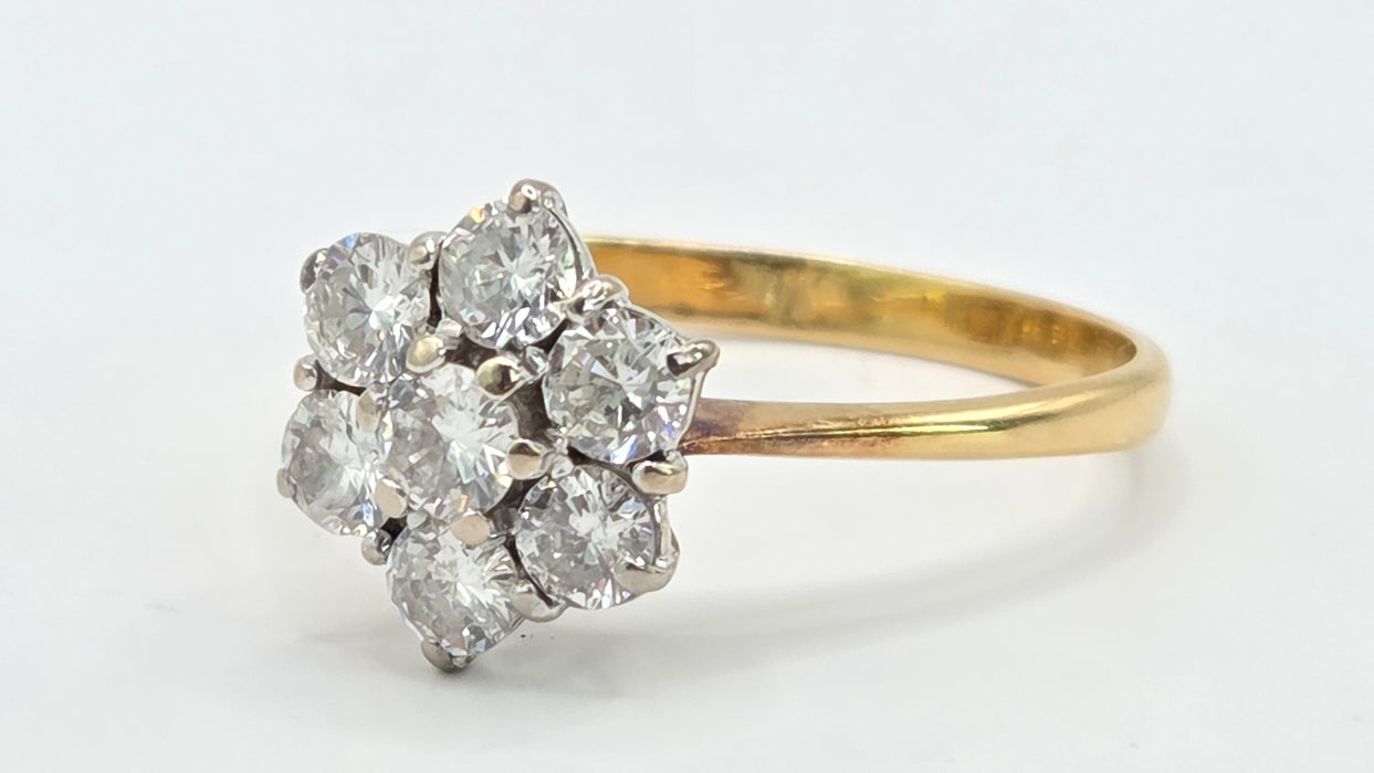 Vintage: 18ct Yellow Gold Diamond 1.45ct Seven Stone Floral Cluster Ring