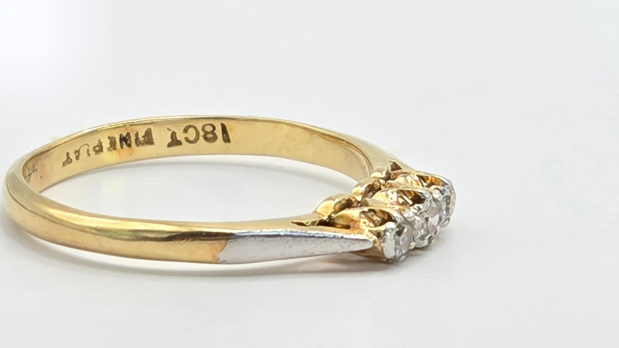 Vintage: 18ct Yellow Gold & Platinum Diamond 0.16ct Trilogy Ring