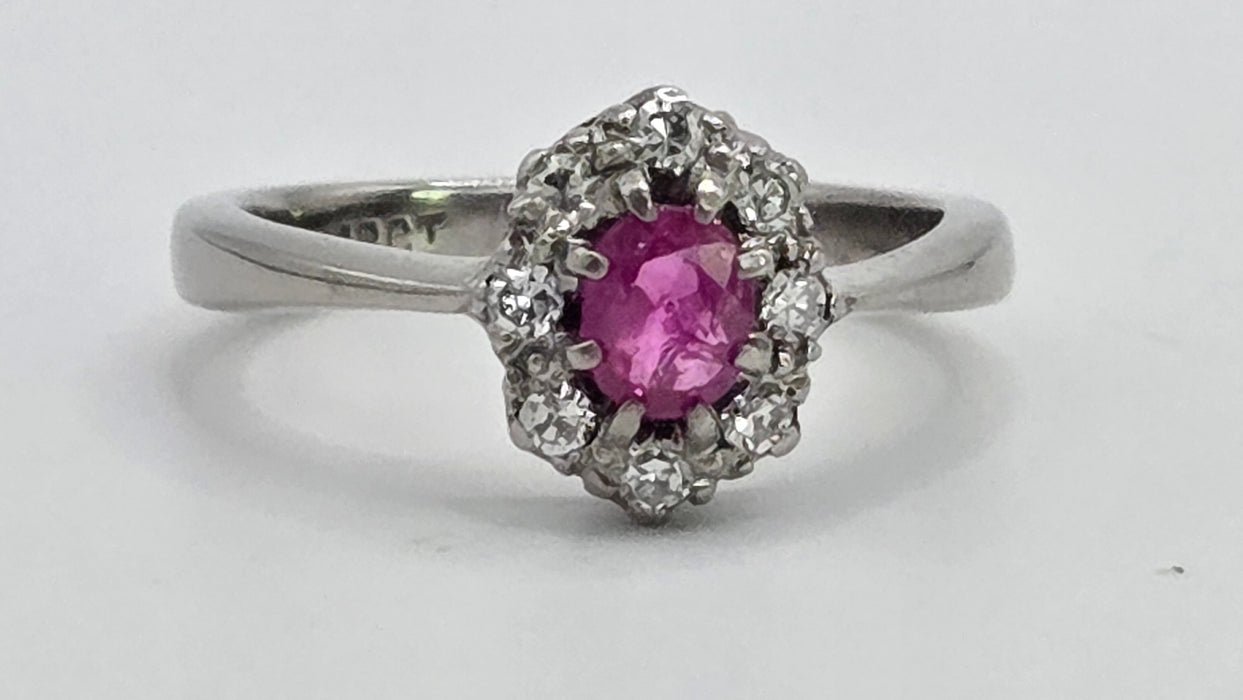 Vintage: 18ct White Gold Ruby 0.50ct & Diamond 0.24ct Oval Dress Ring