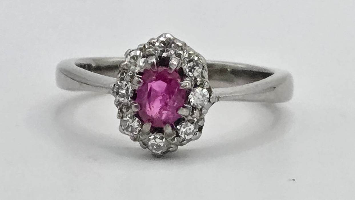 Vintage: 18ct White Gold Ruby 0.50ct & Diamond 0.24ct Oval Dress Ring