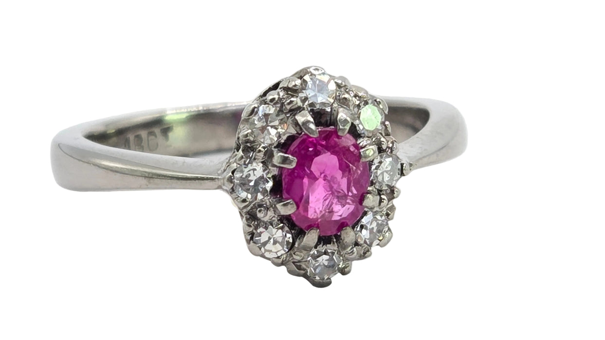 Vintage: 18ct White Gold Ruby 0.50ct & Diamond 0.24ct Oval Dress Ring
