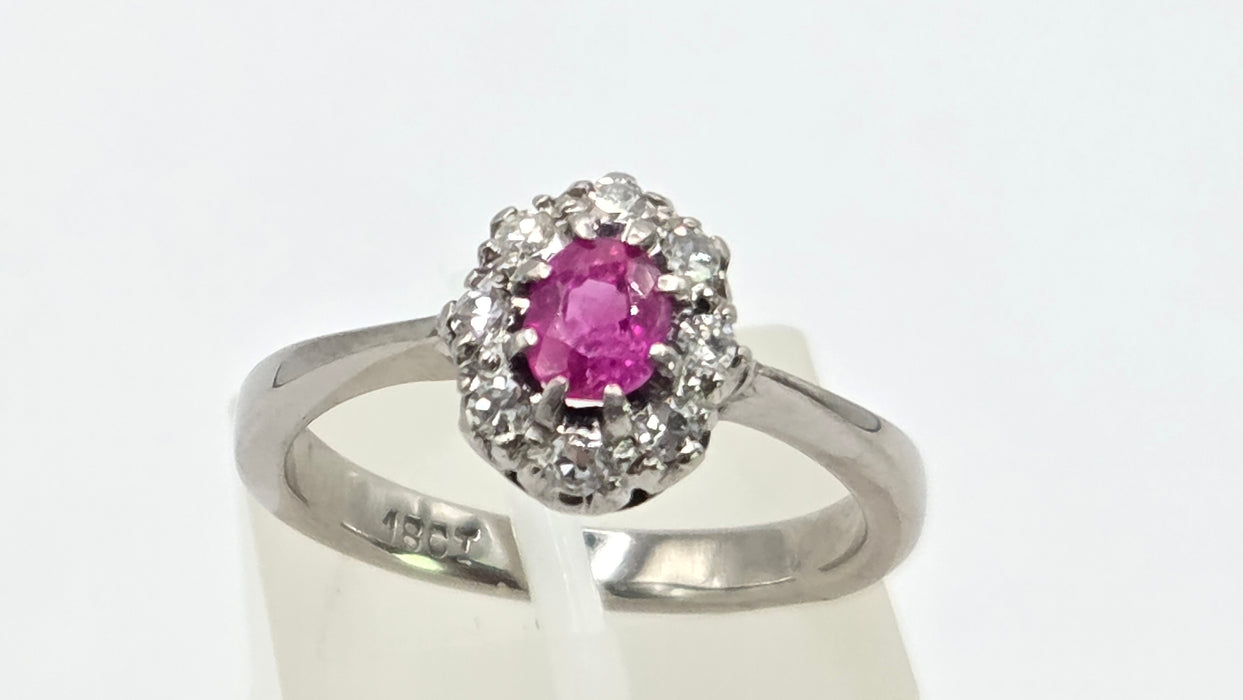 Vintage: 18ct White Gold Ruby 0.50ct & Diamond 0.24ct Oval Dress Ring