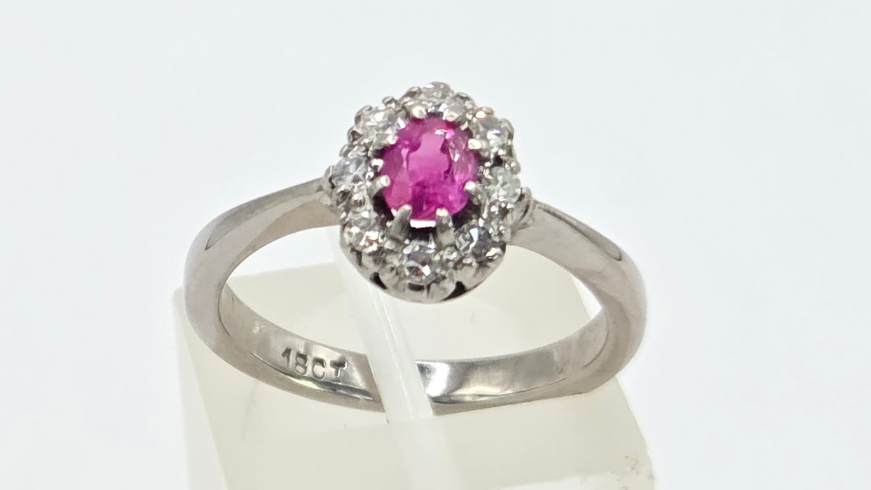 Vintage: 18ct White Gold Ruby 0.50ct & Diamond 0.24ct Oval Dress Ring