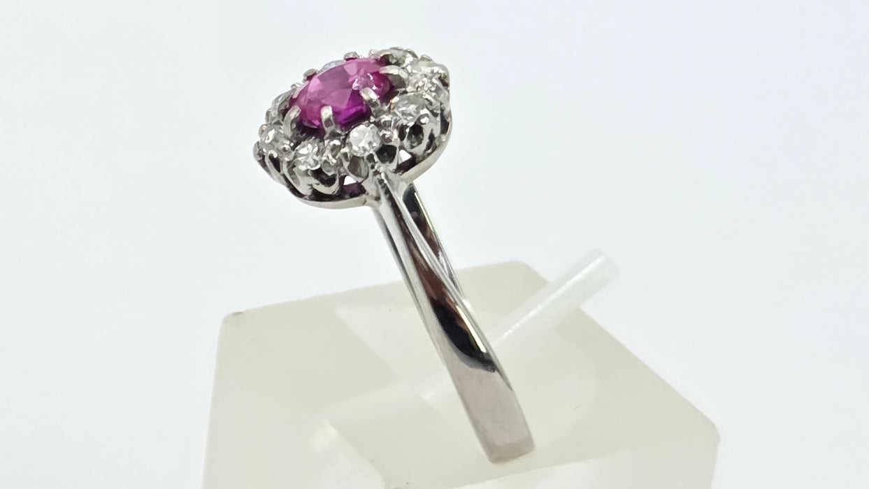 Vintage: 18ct White Gold Ruby 0.50ct & Diamond 0.24ct Oval Dress Ring