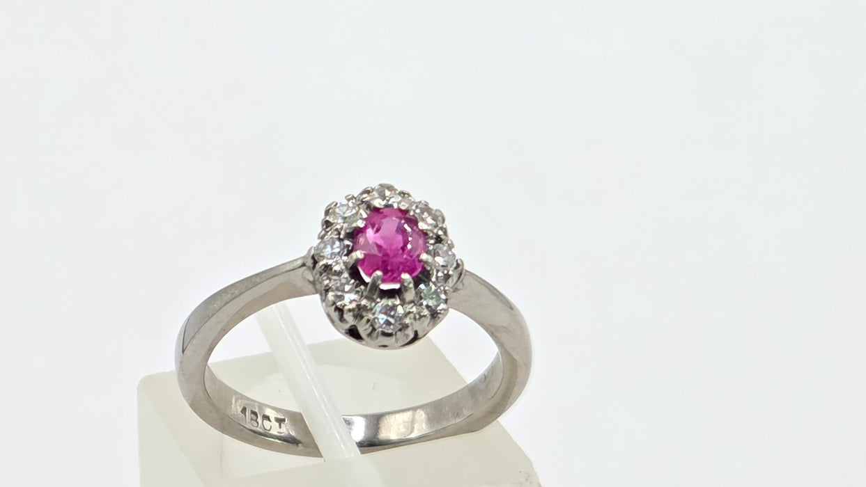 Vintage: 18ct White Gold Ruby 0.50ct & Diamond 0.24ct Oval Dress Ring
